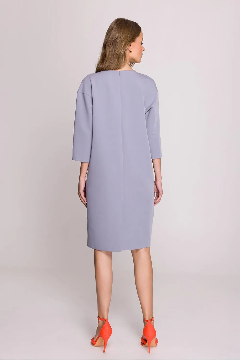 Day dress Polyester Viscose Elegant Knee-Length Shift Dress with Elbow Sleeves