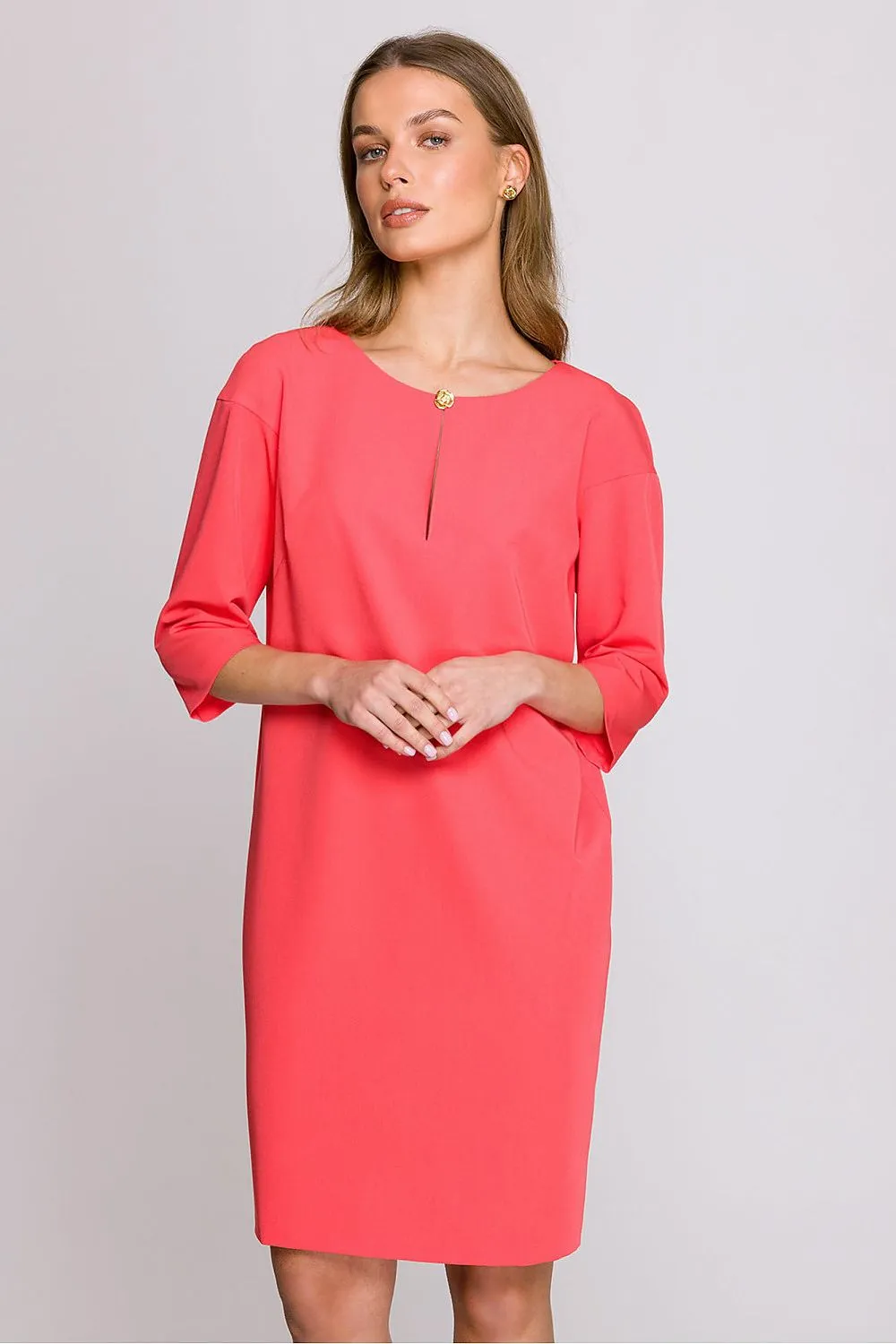 Day dress Polyester Viscose Elegant Knee-Length Shift Dress with Elbow Sleeves