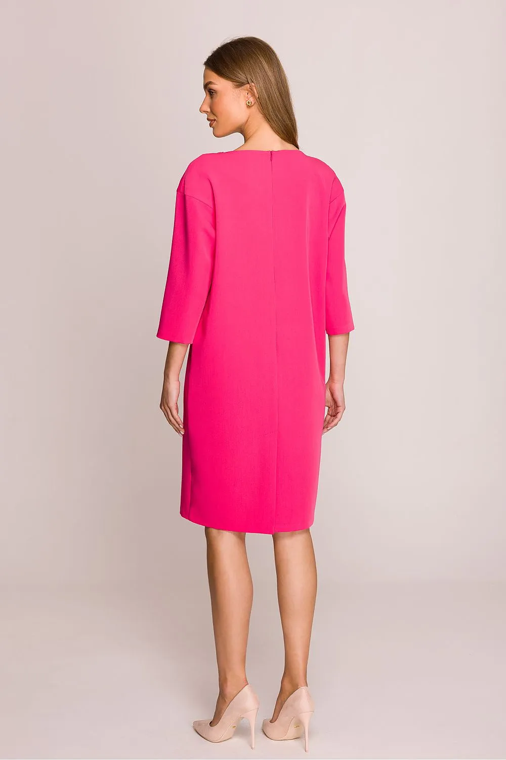 Day dress Polyester Viscose Elegant Knee-Length Shift Dress with Elbow Sleeves