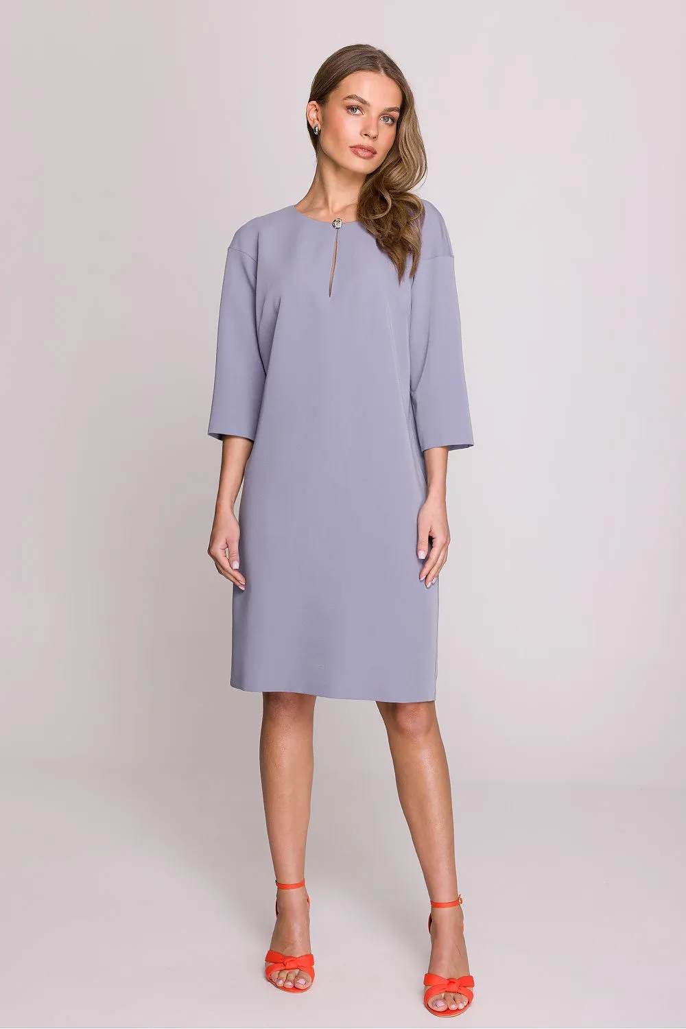 Day dress Polyester Viscose Elegant Knee-Length Shift Dress with Elbow Sleeves