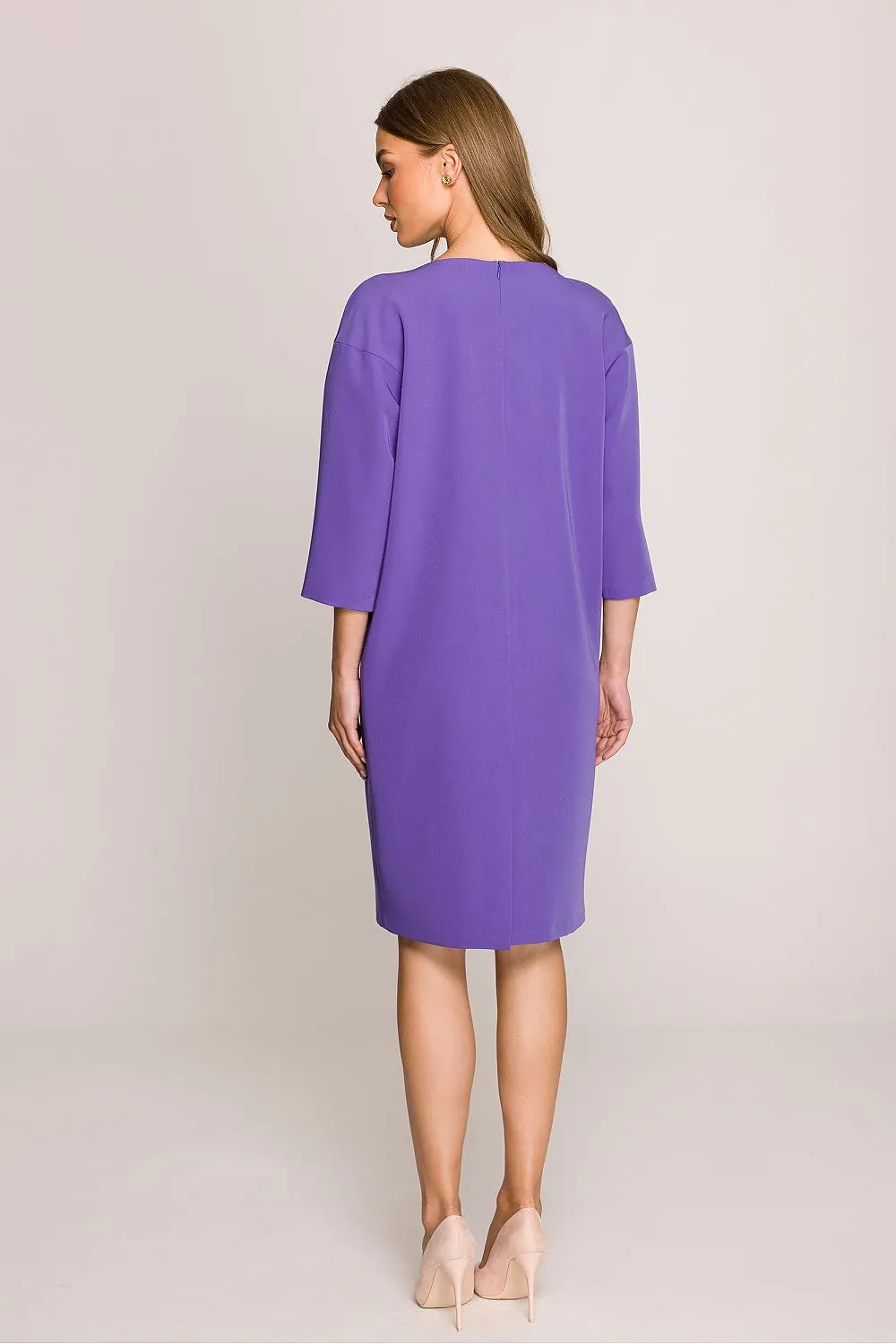 Day dress Polyester Viscose Elegant Knee-Length Shift Dress with Elbow Sleeves