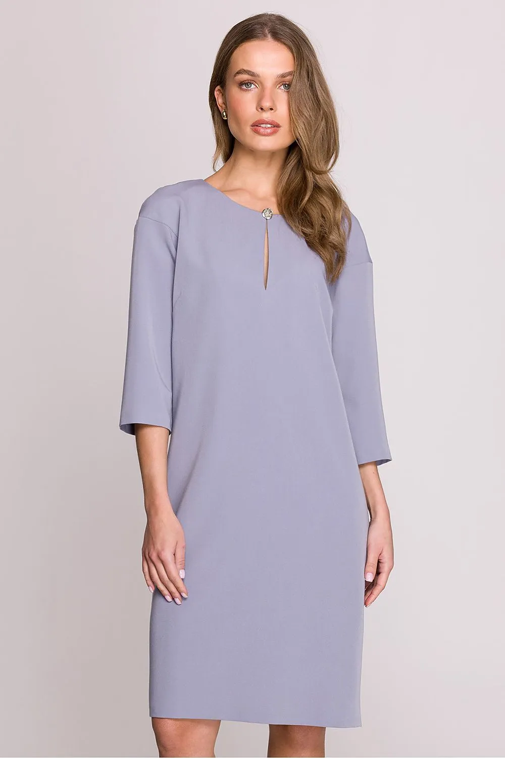 Day dress Polyester Viscose Elegant Knee-Length Shift Dress with Elbow Sleeves
