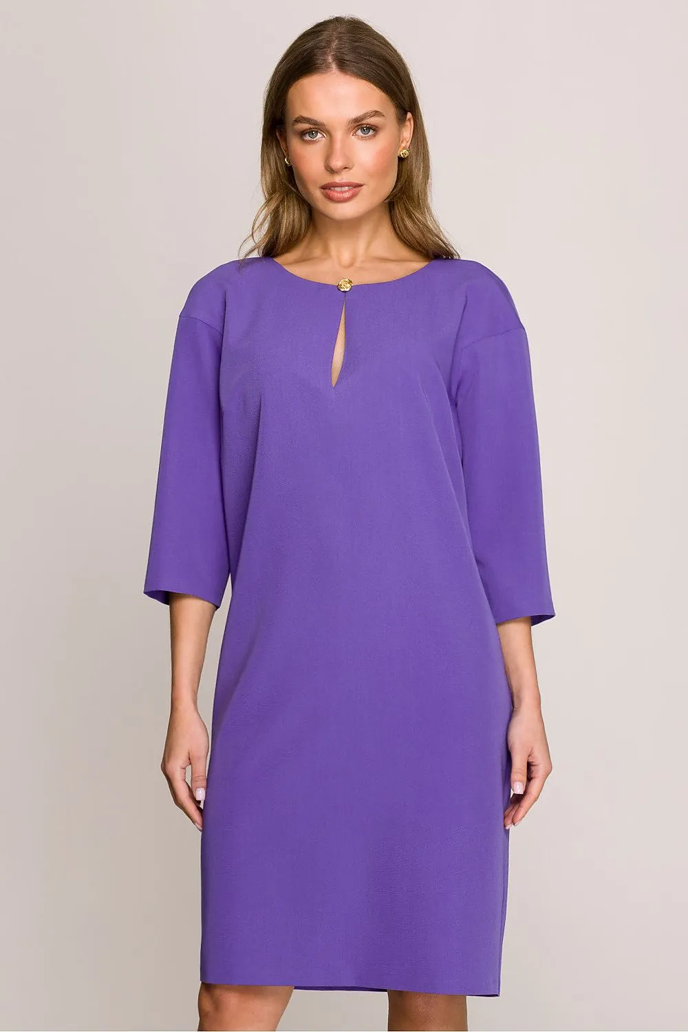 Day dress Polyester Viscose Elegant Knee-Length Shift Dress with Elbow Sleeves