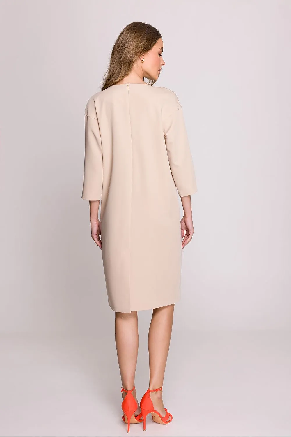 Day dress Polyester Viscose Elegant Knee-Length Shift Dress with Elbow Sleeves
