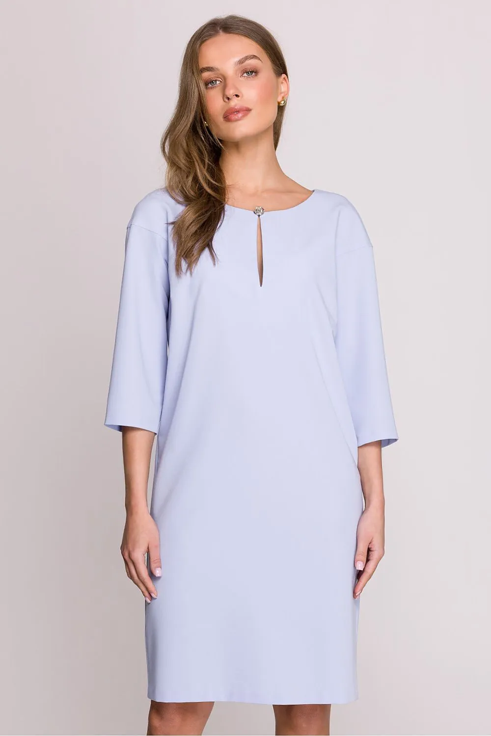 Day dress Polyester Viscose Elegant Knee-Length Shift Dress with Elbow Sleeves