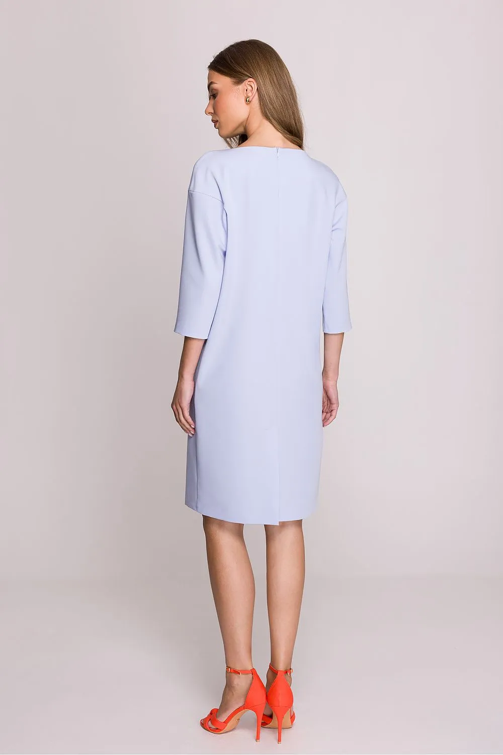 Day dress Polyester Viscose Elegant Knee-Length Shift Dress with Elbow Sleeves