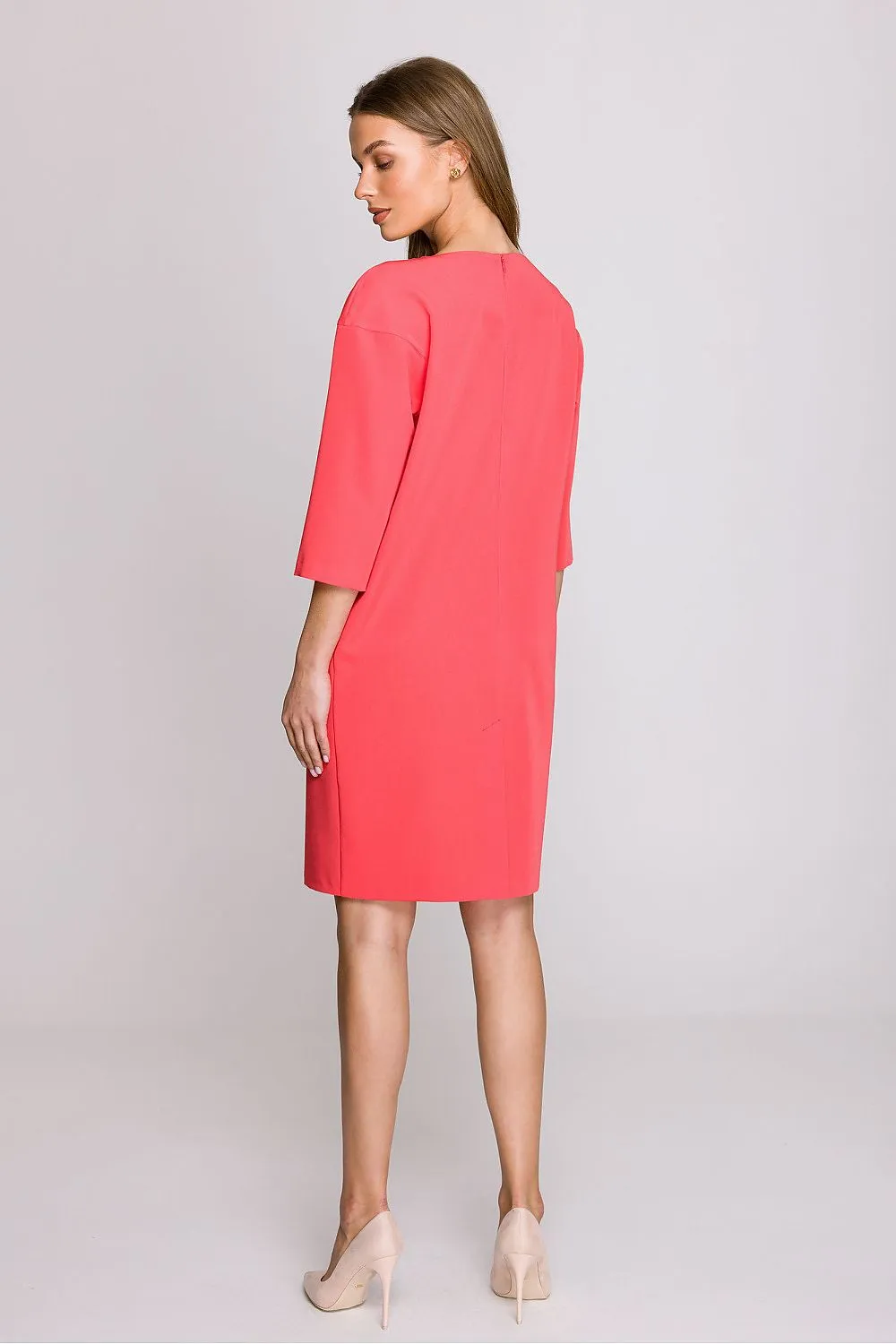 Day dress Polyester Viscose Elegant Knee-Length Shift Dress with Elbow Sleeves