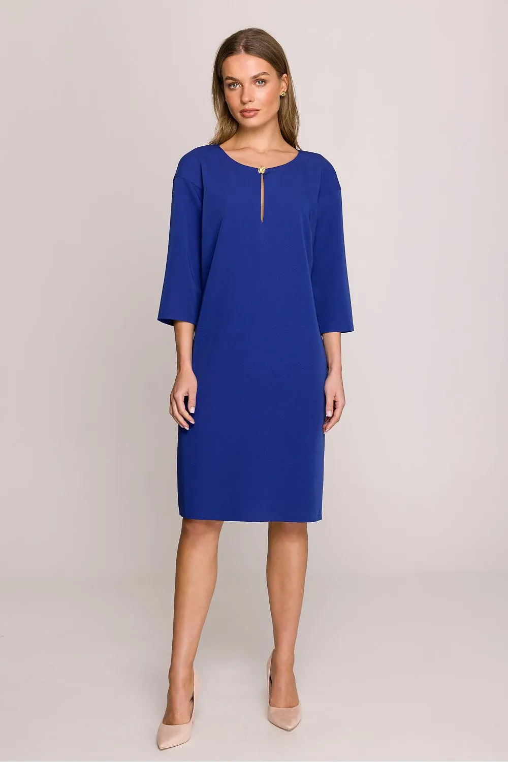Day dress Polyester Viscose Elegant Knee-Length Shift Dress with Elbow Sleeves