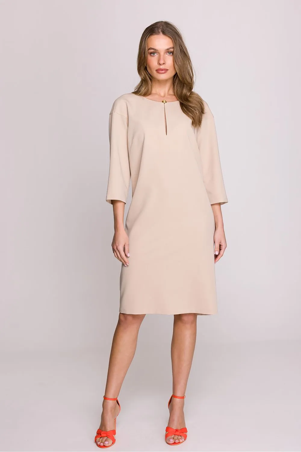 Day dress Polyester Viscose Elegant Knee-Length Shift Dress with Elbow Sleeves