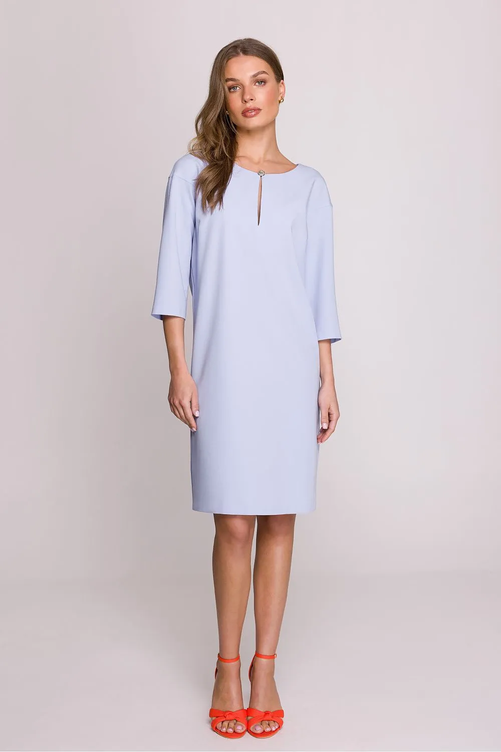 Day dress Polyester Viscose Elegant Knee-Length Shift Dress with Elbow Sleeves