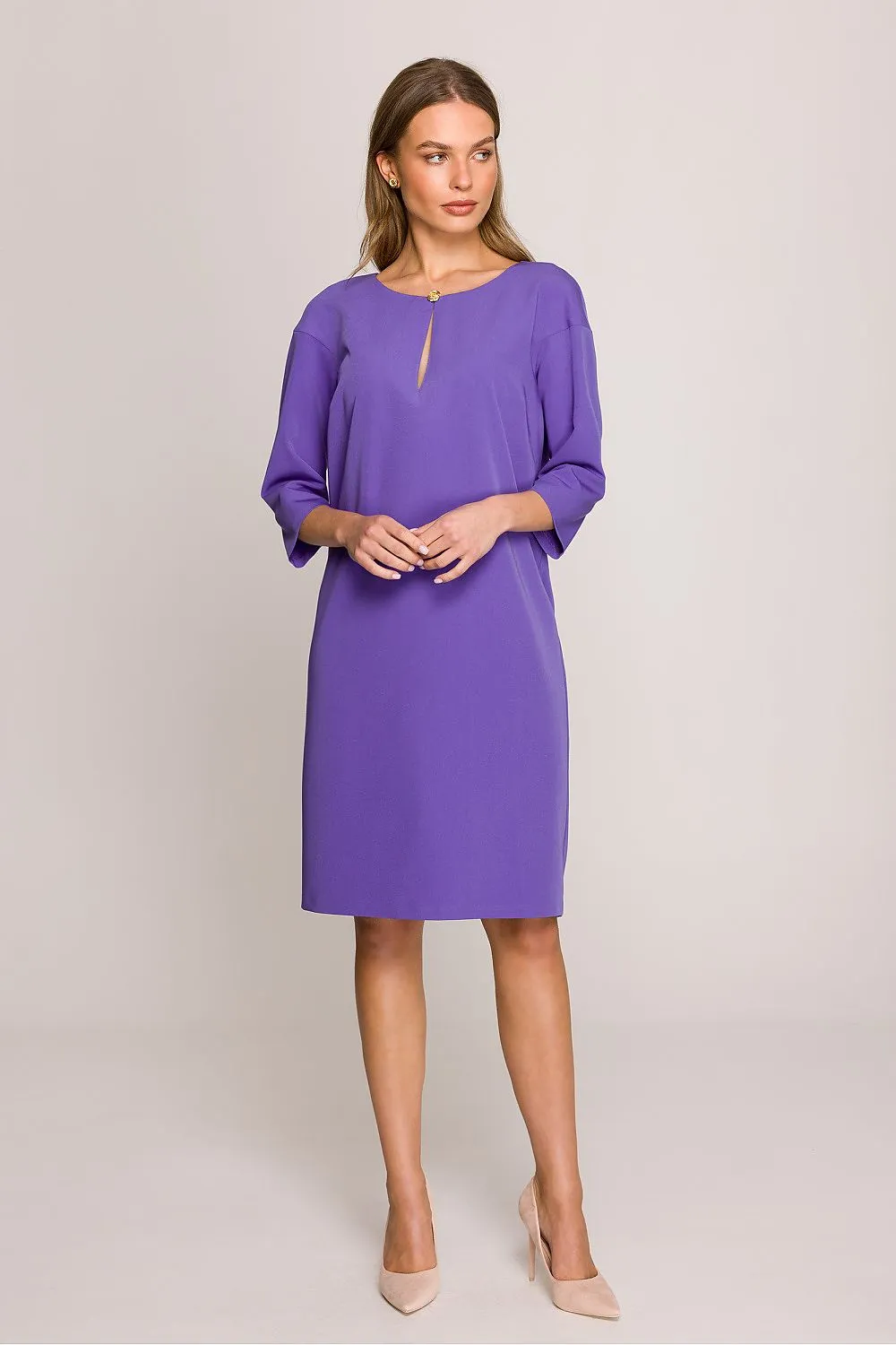 Day dress Polyester Viscose Elegant Knee-Length Shift Dress with Elbow Sleeves