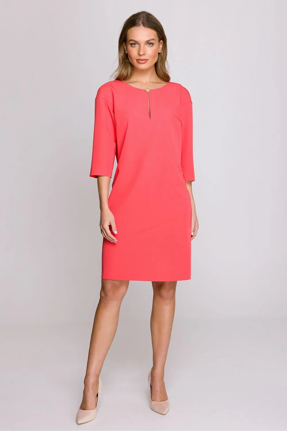 Day dress Polyester Viscose Elegant Knee-Length Shift Dress with Elbow Sleeves