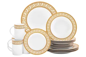 Dinnerware Set for 4 - White with Silver 16 Piece Vintage Porcelain Dish Set Tableware Setting with Mugs for Every Day Use or Formal Occasions (Gold, 16 PIECE SET)