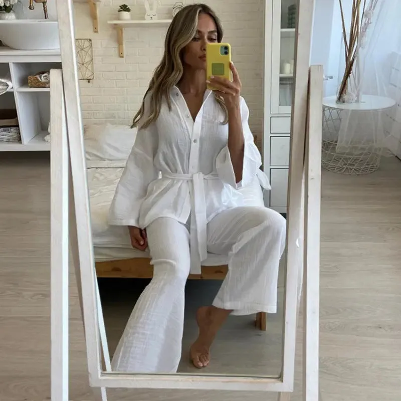 Double-Layer Gauze Loungewear Set for Women - Breathable Relaxed Fit Fashion