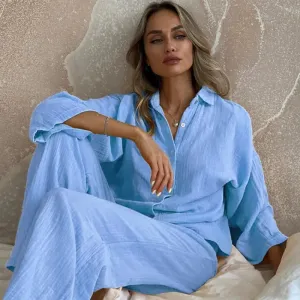 Double-Layer Gauze Loungewear Set for Women - Breathable Relaxed Fit Fashion