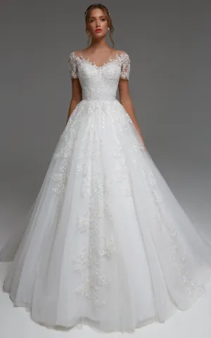 Elegant Bateau Short Sleeve Sweep Train Floor-Length A Line Ball Gown Wedding Dress With Appliques-716173