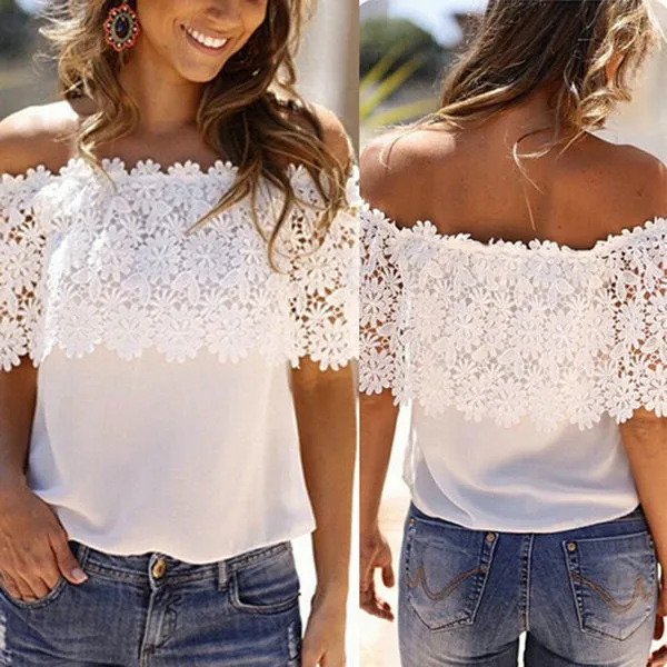Fashion Lace Crochet Off Shoulder Chiffon Shirt Casual Tops Blouse