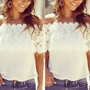 Fashion Lace Crochet Off Shoulder Chiffon Shirt Casual Tops Blouse
