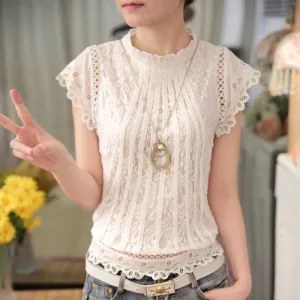 Fashion Style Women Blouses Loose Short Petal Sleeve Floral Lace Tops Chiffon O-neck Plus Size Shirt Tops 01C 35
