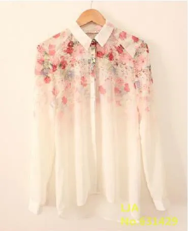 Fashion Women Chiffon Blouses Women Flower Print Lapel Casual Chiffon Long Sleeved Shirts Women Tops