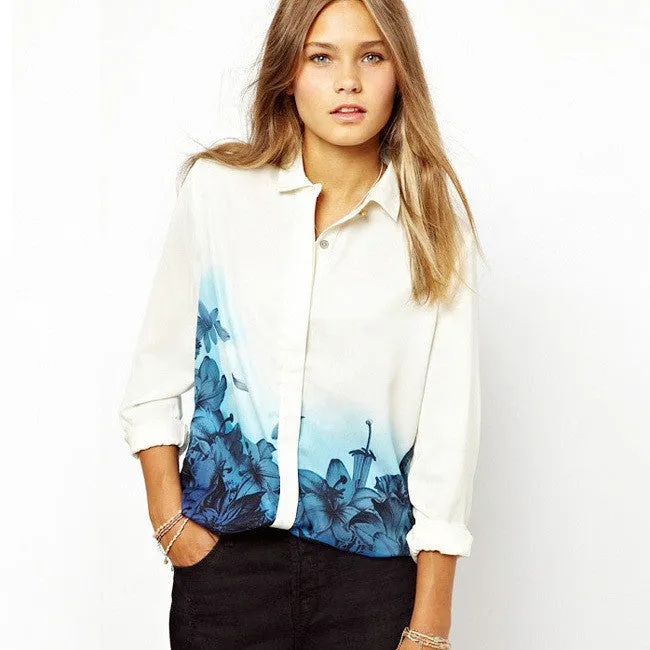 Fashion Women Plus Size Elegant Long Sleeve Shirts Tops Blue Floral Gradient Print Chiffon Casual White Blouses S-XL