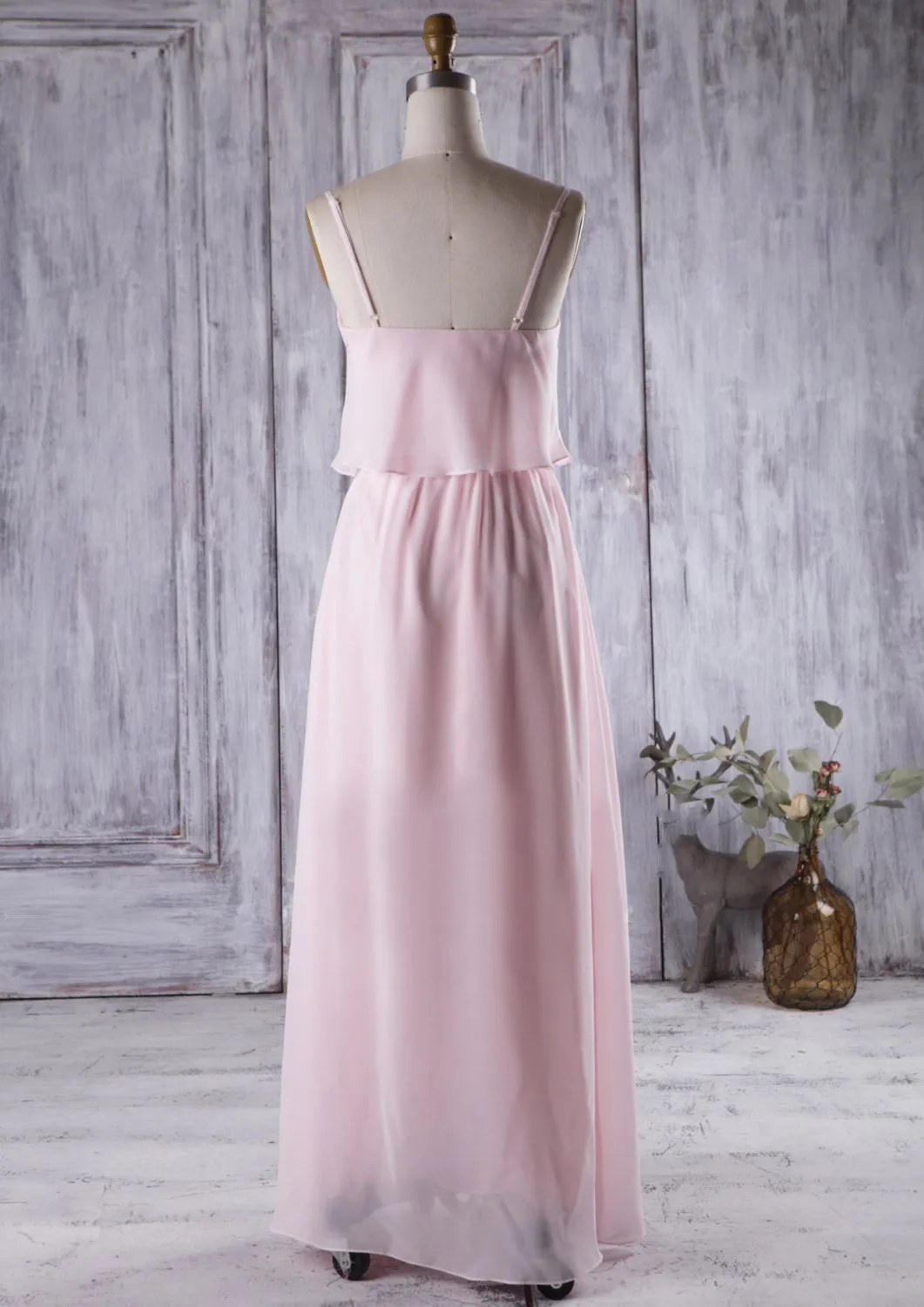 Floor-Length Pink Boho Bridesmaid Dress with Chiffon Skirt