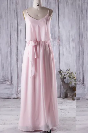 Floor-Length Pink Boho Bridesmaid Dress with Chiffon Skirt