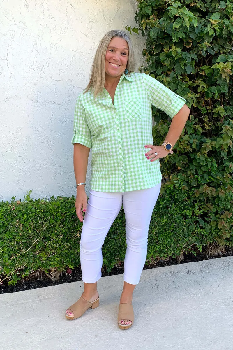 Foxcroft Gingham Blouse in Sweet Kiwi