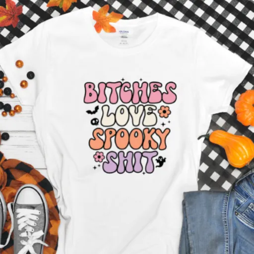 Funny "BITCHES love Spooky Sh*t" Halloween t-shirt for her mom BFF cotton tee Unisex