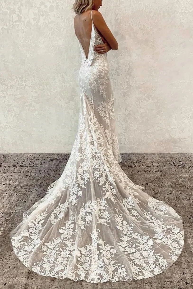 Garden-inspired Floral Lace Wedding Dresses V-neckline