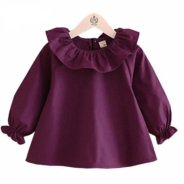 Girl's Long Sleeve Ruffle Cotton Blouse - White, Navy, Purple
