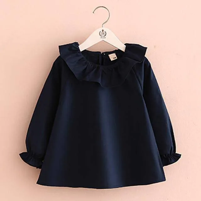 Girl's Long Sleeve Ruffle Cotton Blouse - White, Navy, Purple