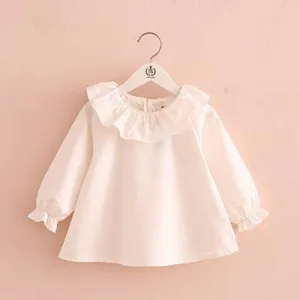 Girl's Long Sleeve Ruffle Cotton Blouse - White, Navy, Purple