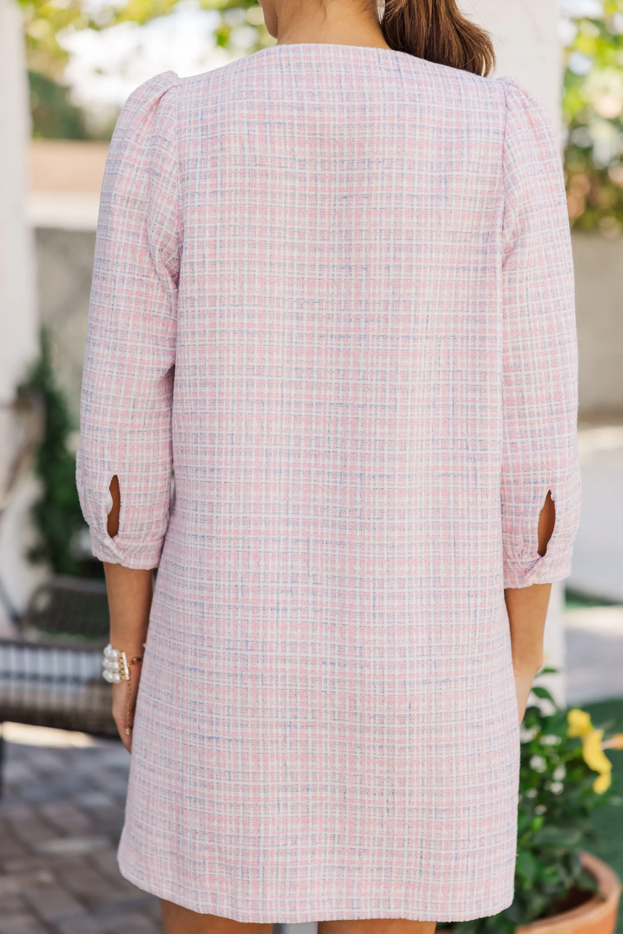 Going Upstate Pink Tweed Shift Dress