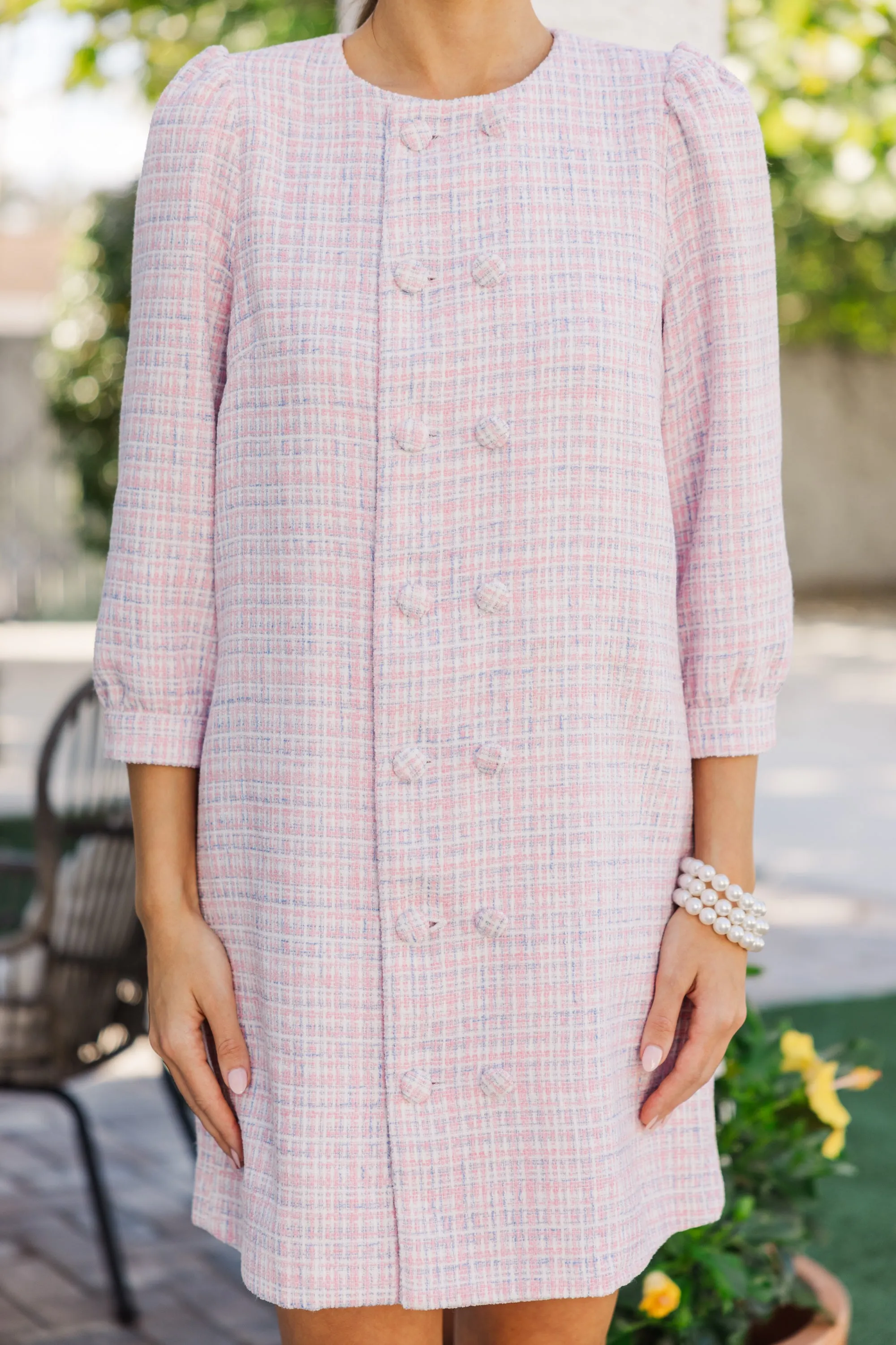 Going Upstate Pink Tweed Shift Dress