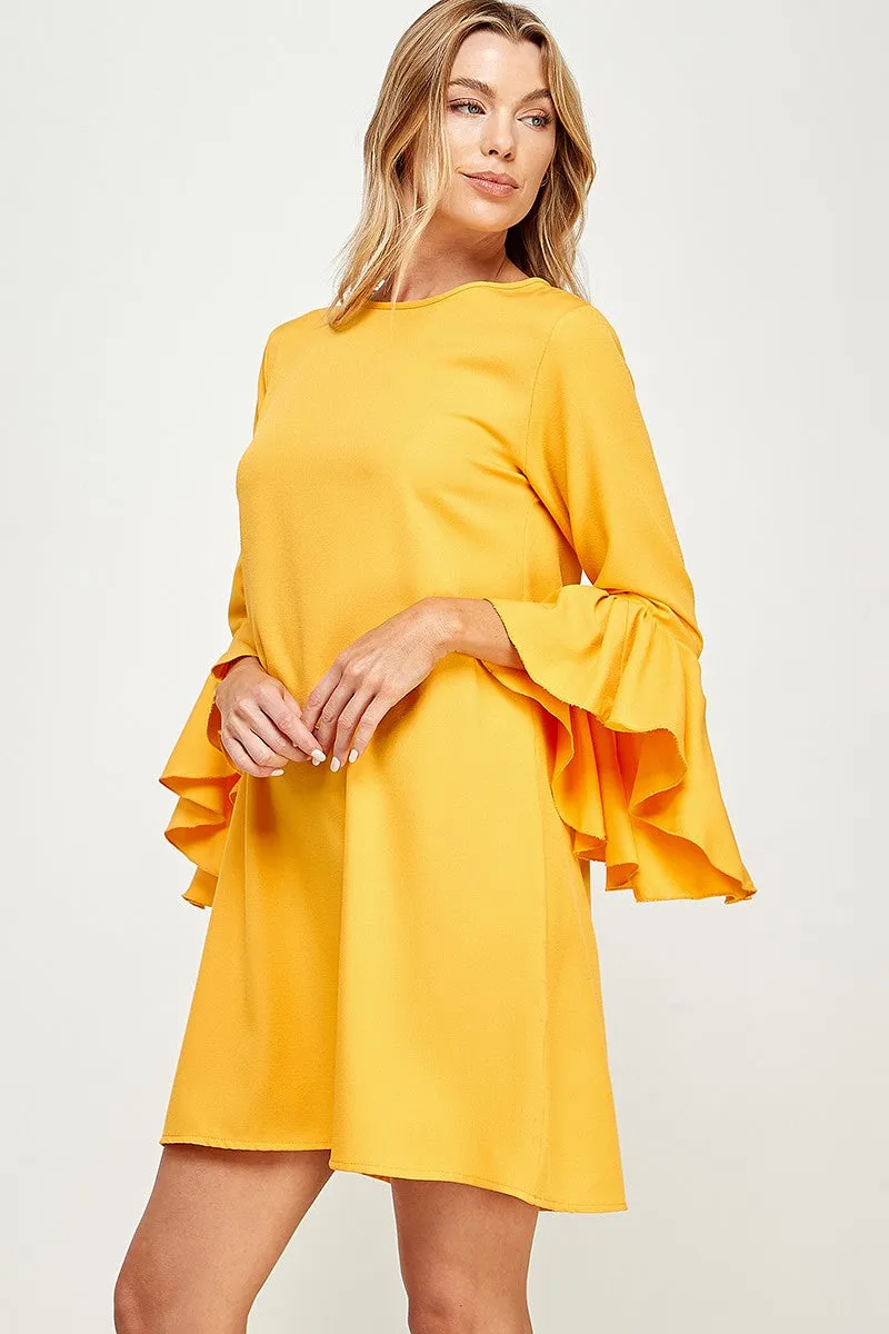 Gold Bell Sleeve Shift Dress