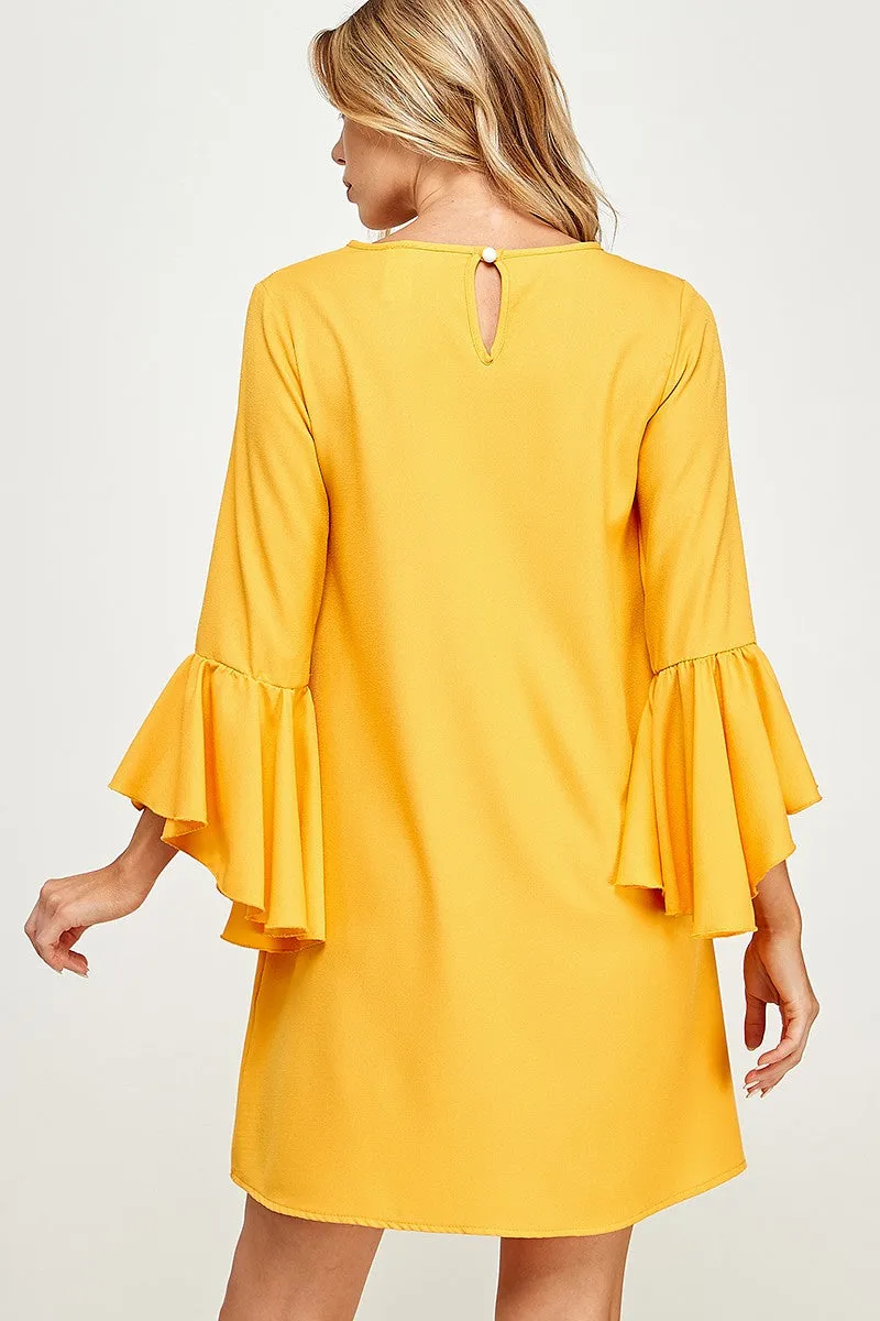 Gold Bell Sleeve Shift Dress
