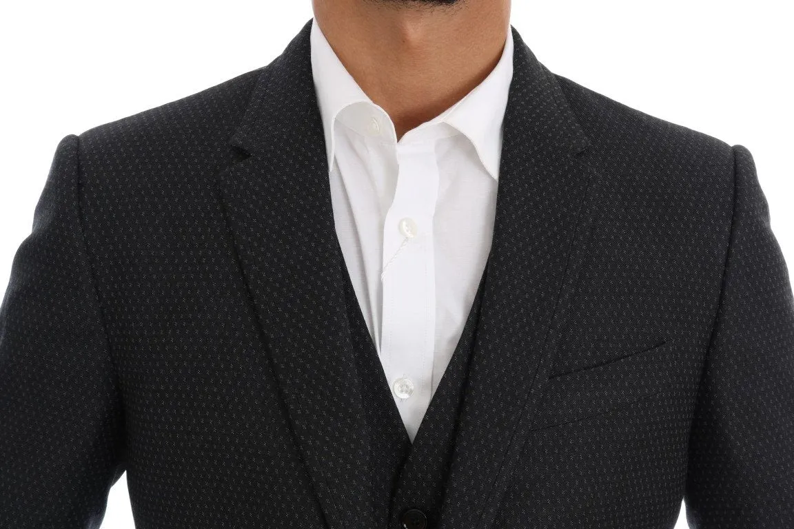 Gray Patterned Wool 3 Piece Slim Suit