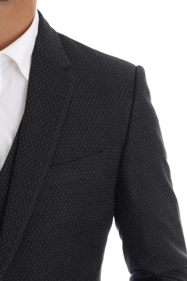 Gray Patterned Wool 3 Piece Slim Suit