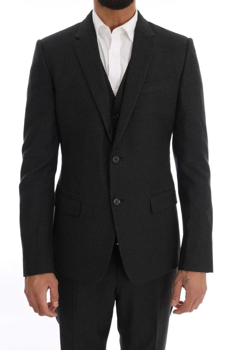 Gray Patterned Wool 3 Piece Slim Suit