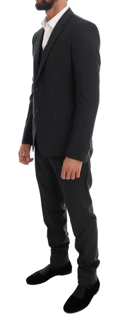 Gray Patterned Wool 3 Piece Slim Suit