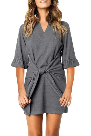 Gray V Neck Ruffled Sleeves Waist Tie Casual Mini Dress