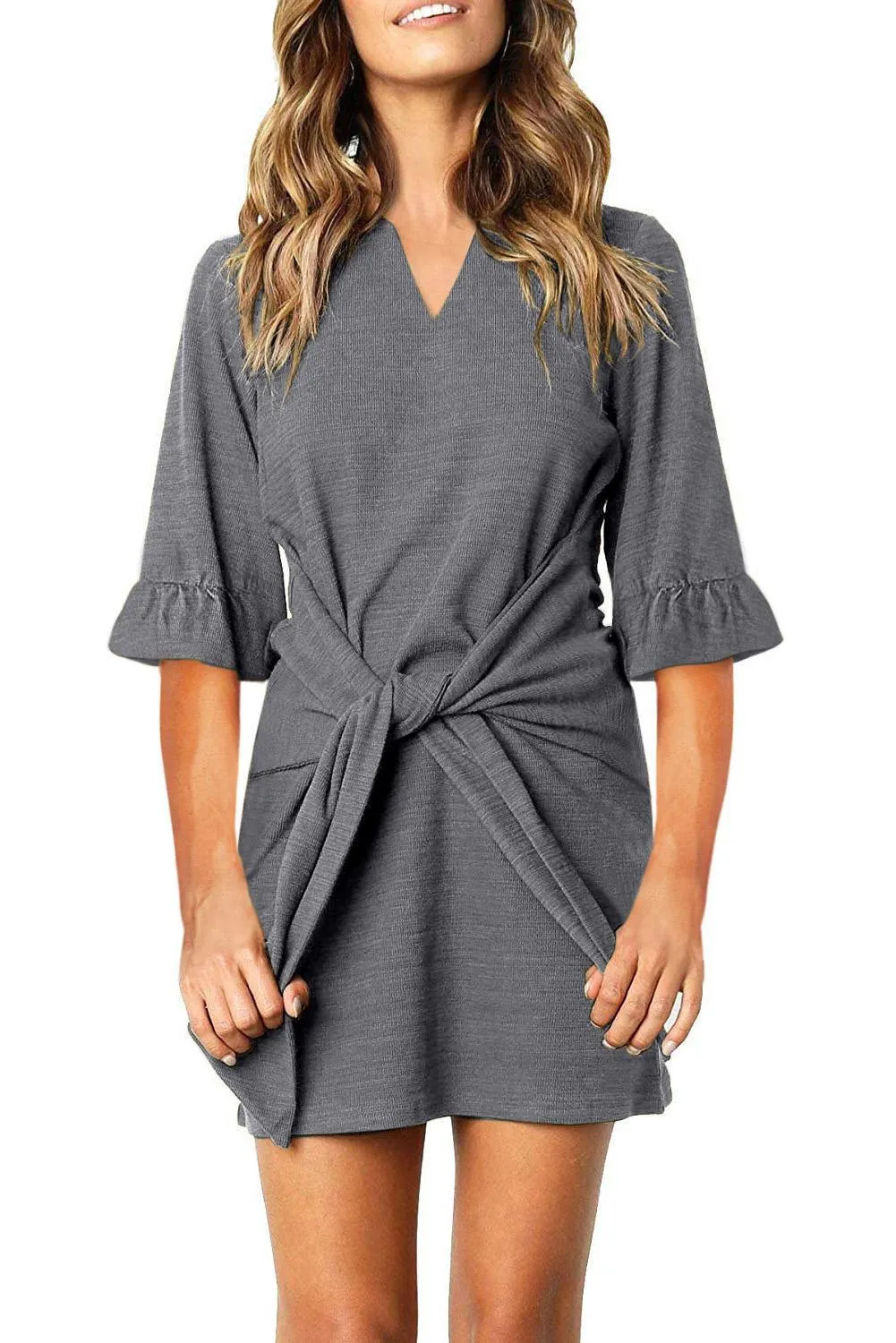 Gray V Neck Ruffled Sleeves Waist Tie Casual Mini Dress