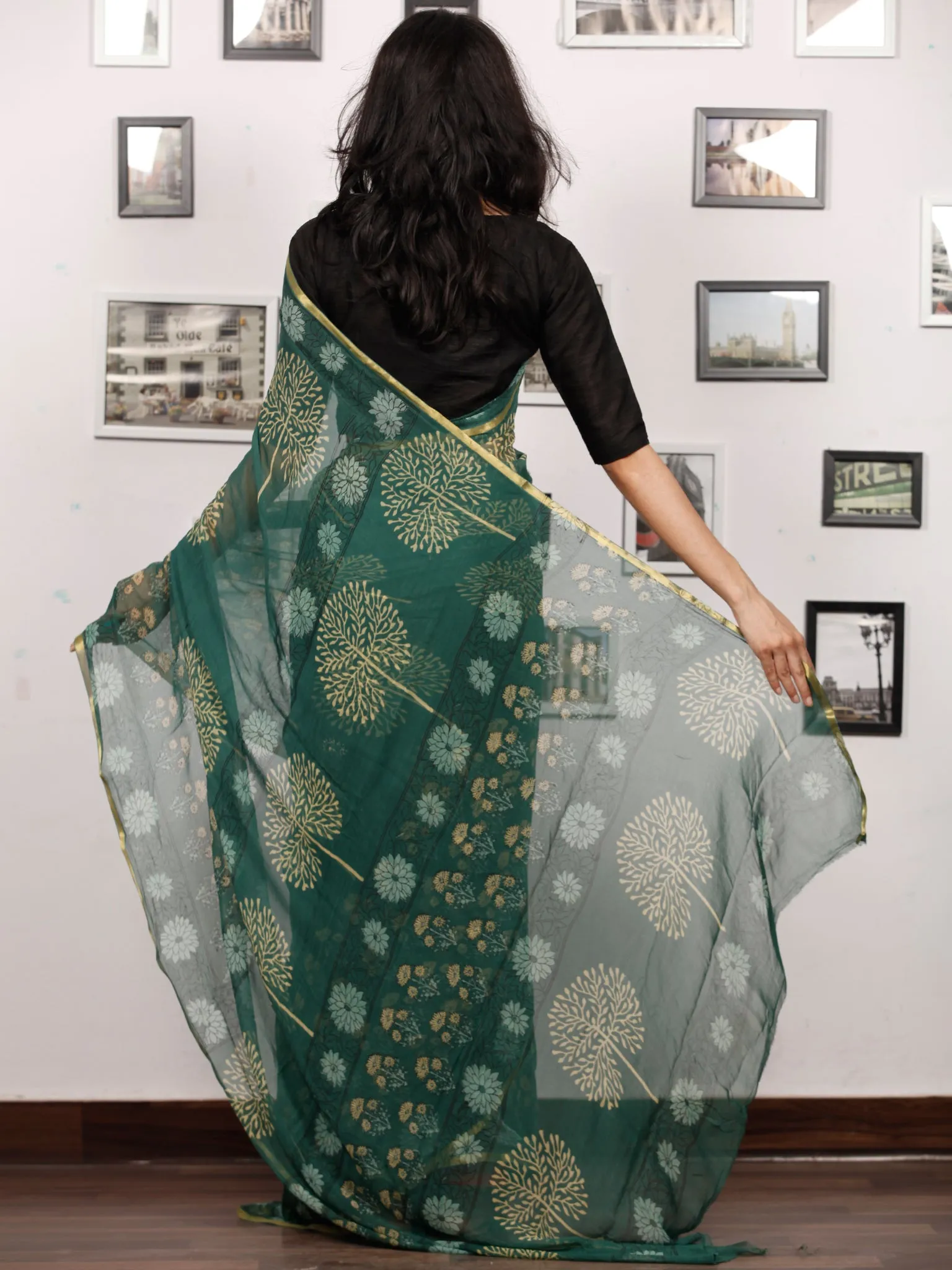 Green Yellow Hand Block Printed Chiffon Saree with Zari Border - S031703509