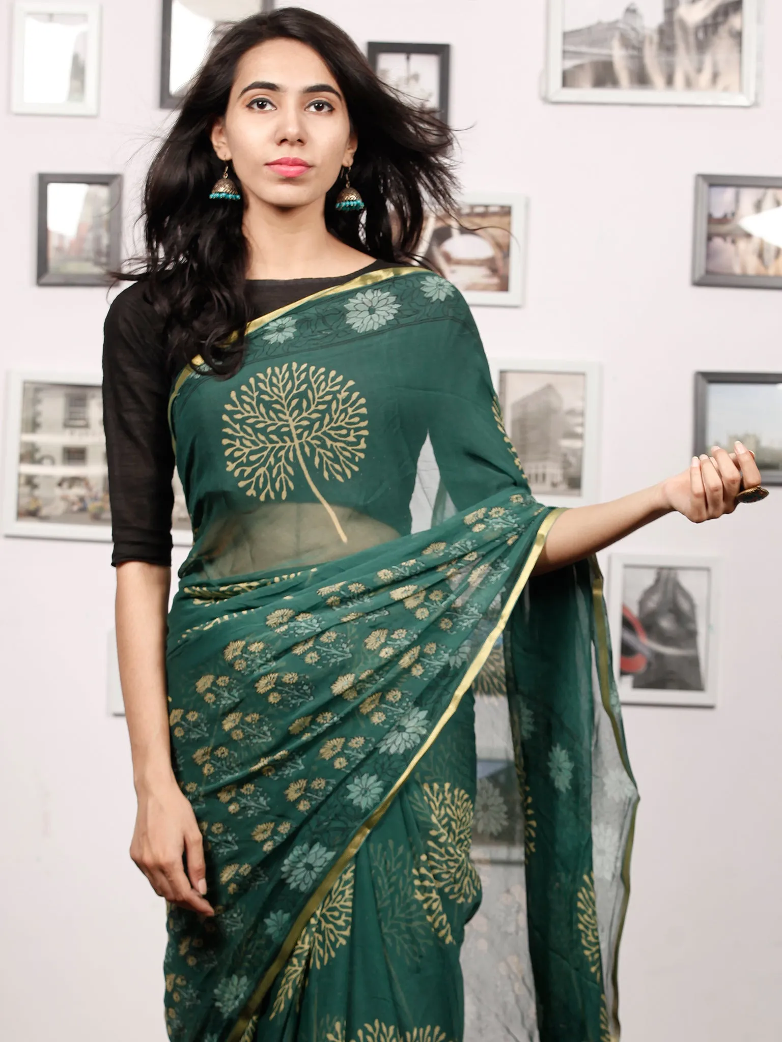 Green Yellow Hand Block Printed Chiffon Saree with Zari Border - S031703509
