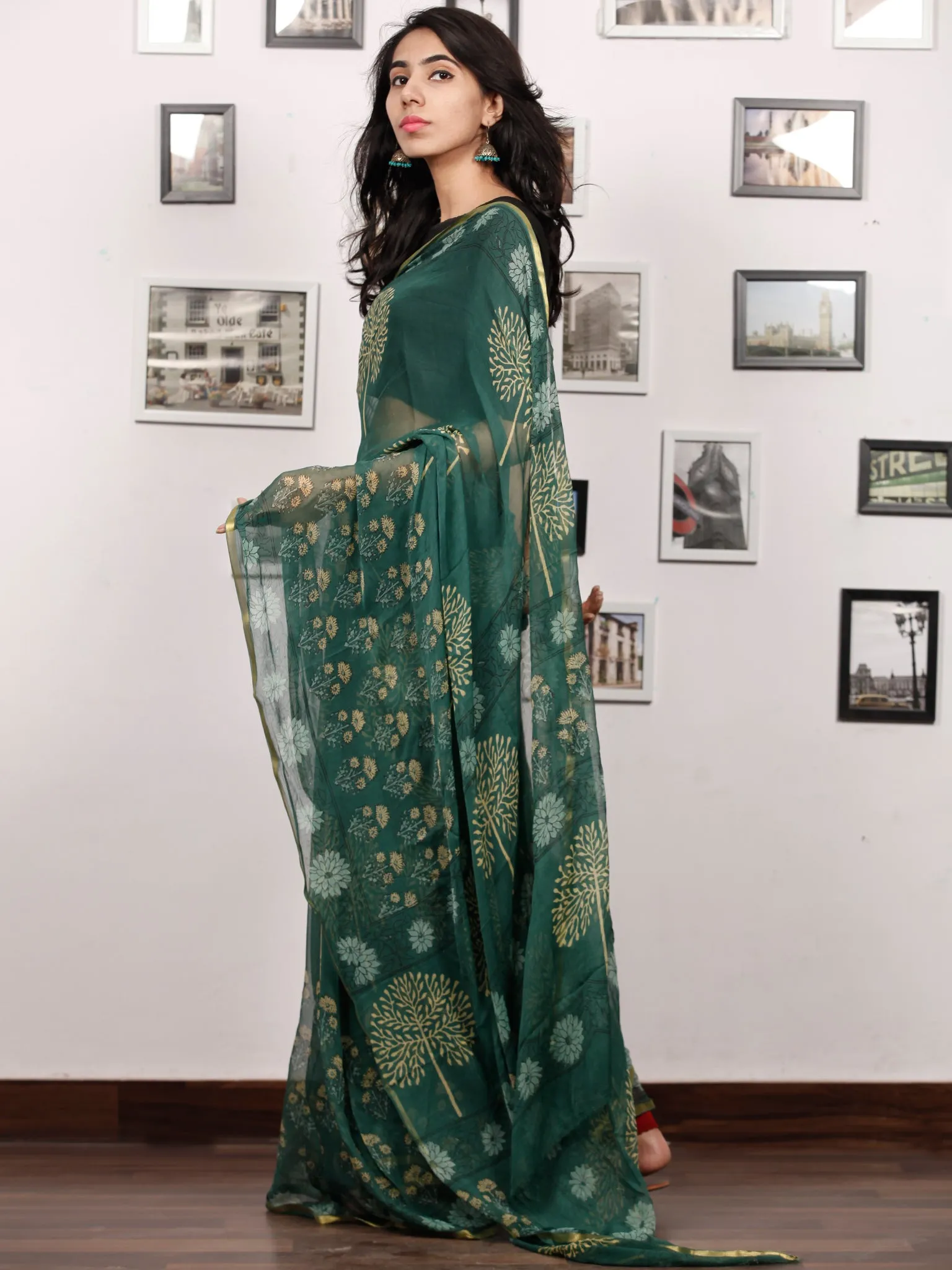 Green Yellow Hand Block Printed Chiffon Saree with Zari Border - S031703509