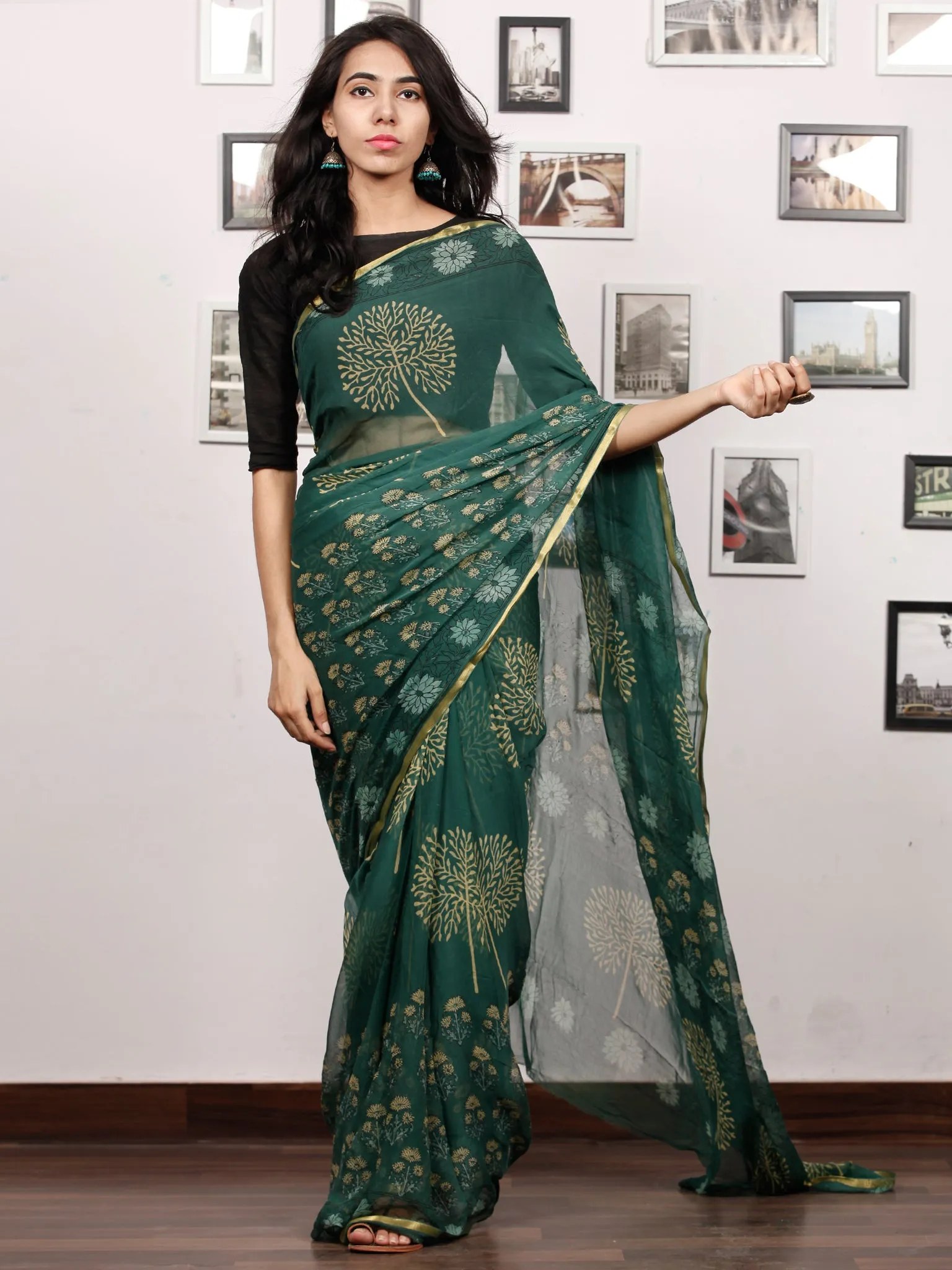 Green Yellow Hand Block Printed Chiffon Saree with Zari Border - S031703509