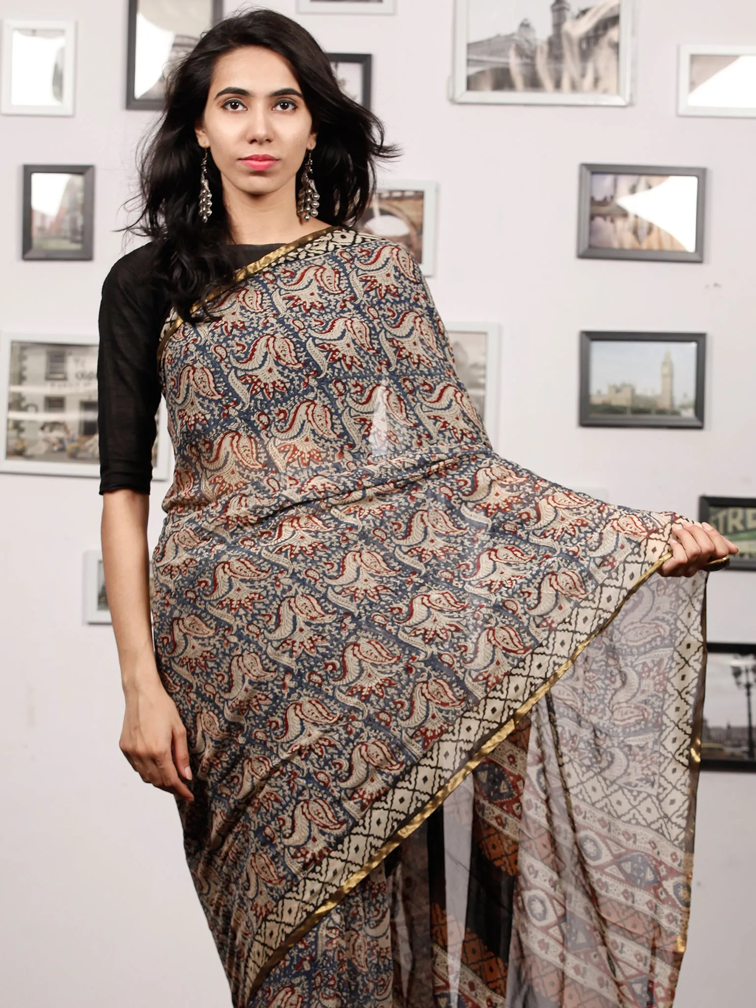 Grey Maroon Beige Hand Block Printed Chiffon Saree with Zari Border - S031703503