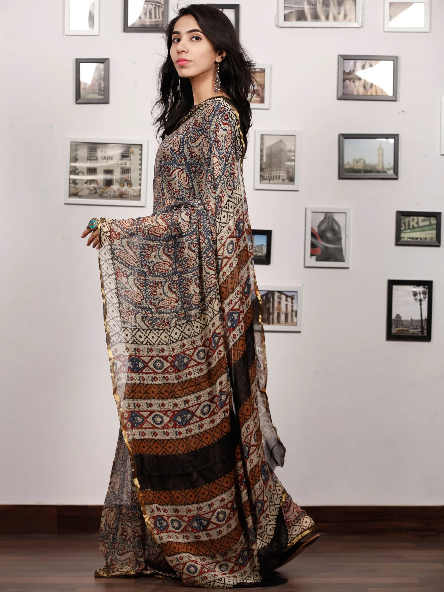 Grey Maroon Beige Hand Block Printed Chiffon Saree with Zari Border - S031703503