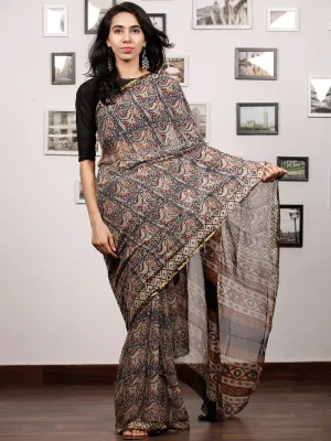 Grey Maroon Beige Hand Block Printed Chiffon Saree with Zari Border - S031703503